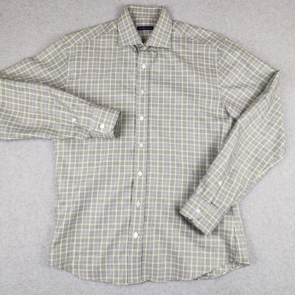 Mike Tailor Mens Gray Lime Green Glen Plaid Long Sleeve Button Down Shirt XL‎